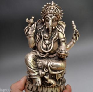 Old Handwork Carved Tibetan Silver Elephant Nose Buddha Statue