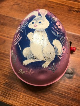Vintage 1953 Mattel Purple & Pink Tin Litho Toy Easter Bunny Egg Music Box