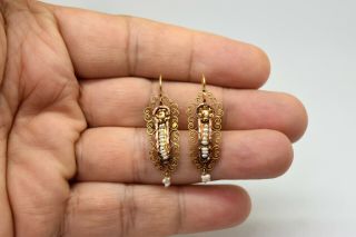 Antique Victorian 14K Solid Gold with Natural Pearl Filigree Earrings 2