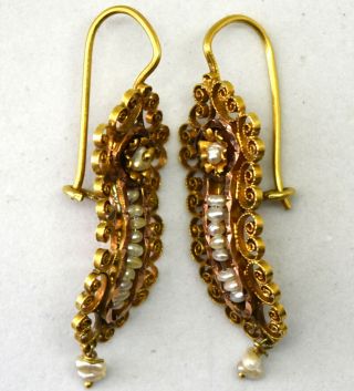 Antique Victorian 14K Solid Gold with Natural Pearl Filigree Earrings 3