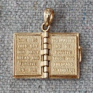 14k Yellow Gold Holy Bible Lords Prayer Our Father Open Close Book Charm Pendant 4