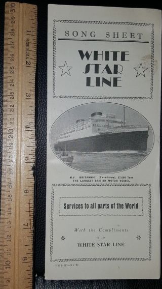 White Star Line Song Sheet From Britannic " Largest British Motor Vessel "