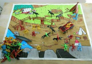 Fifty Piece Set Of Plastic Cowboys,  Indians,  Horses,  Plastic Play Mat And More