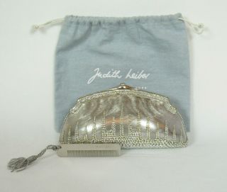 Vtg Judith Leiber Silver Metal Swarovski Crystal Clutch Shoulder Bag & Mirror