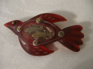 Thomas Mann Techno - Romantic Red Dove With Fish Brooch 2005 Signed Very Good