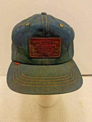 Vintage Levi Strauss Blue Denim Strap Back Hat Cap With Leather Patch