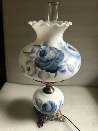 Vintage Milk Glass Hurricane Lamp With Hand Painted Blue Roses