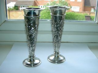 Two Antique Silver William Comyns Art Nouveau Vases