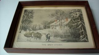 Antique Currier & Ives Hand Colored Lithograph The Snow - Storm Framed