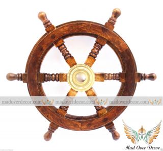 Nautical Maritime Wooden Ship Steering Wheel Pirate Decor Wood Brass Wall Decor