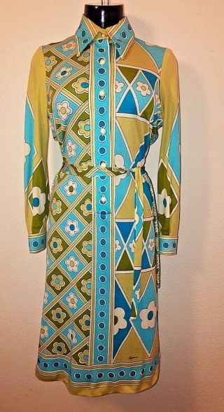 Vintage 1960’s Paganne I.  Magnin Ban - Lon Print Dress Geometric Op Art