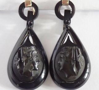 Antique Victorian Carved Whitby Jet Cameo Gold Wire Dangle Earrings