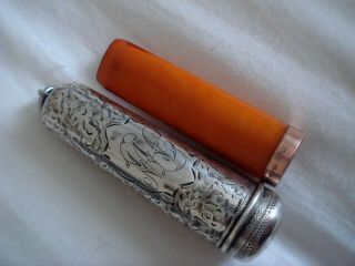 Solid Sterling Silver Hallmark 1905 Holder Case,  9ct Gold Amber Cigar Cheroot