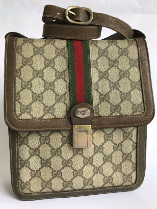 Old Vintage Gucci Messenger Bag Gg Monogram Brown Pvc Leather Unisex Handbag