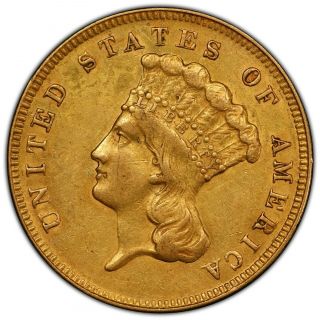 Rare 1874 $3 Gold Pcgs Au Details (cleaned) Even Gold Surfaces,  Low Mintage