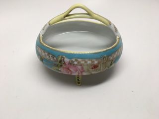 Vintage Japanese Hand Painted Moriage Tri Footed Handled Basket