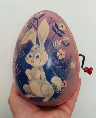 Vintage Mattel Tin Litho Easter Bunny Rabbit Egg Wind Up Music Box Toy