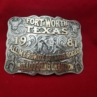 1981 Rodeo Trophy Buckle Vintage Fort Worth Texas Bull Dogging Champion Cowboy94