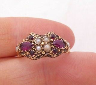 15ct Gold Seed Pearl & Amethyst Coloured Paste Set Engraved Ring,  Chester 1876