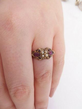 15ct gold seed pearl & amethyst coloured paste set engraved ring,  Chester 1876 5