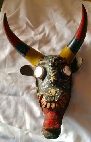 Antique.  Vintage.  Mexican Antelope Mask.  Painted Many Times Over.