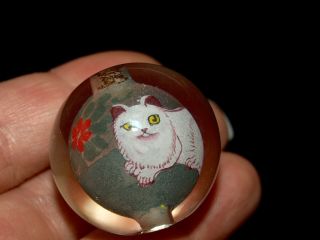 One Huge Vintage Chinese Reverse Painted Glass Bead White Cat 30mm Round
