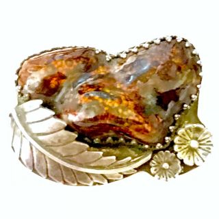 STUNNING handmade FIRE AGATE stone sterling silver brooch w/leaf & Flowers SS04 3