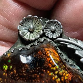 STUNNING handmade FIRE AGATE stone sterling silver brooch w/leaf & Flowers SS04 6