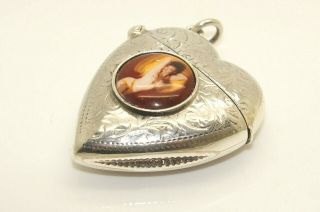 Vintage 825 Silver Nude Female Enamel Heart Shaped Vesta Case