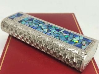 Mega Rare Auth CARTIER Opal Inlay Mosaic Limited Etched Lighter Silver 8