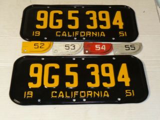1951 - 52 - 53 - 54 - 55 California Car License Plate Pair Restored Rare 6 Digits