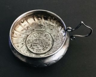 Sterling Silver Wine Tasting Cup Tastevin 1633 Spanish 8 Reales Coin (1575).