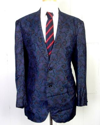 Vtg 50s 60s Vibrant Blue Paisley 100 Silk Smoking Jacket Blazer Brocade L 42 R