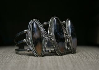 Vintage Harvey Era Navajo Sterling Silver Petrified Wood Cuff Bracelet 8
