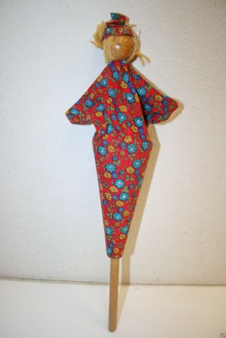 Vintage Hand Made 1960s Mod Wooden Hiding Stick Puppet Doll Folk Art Rare 17 "