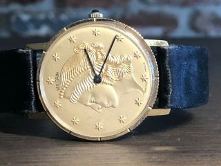 Vintage Swiss Vulcain Mechanical Watch Liberty Face Coin Gold Tone Running