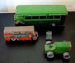 Vintage Tinplate Vehicles X 3 Inc 2 Buses,  Tractor,  Tri - Ang & Wells,  As Found