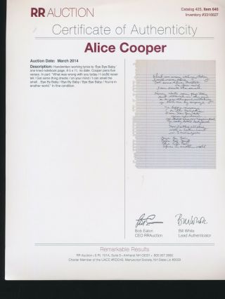 Alice Cooper 1983 VINTAGE SET OF HAND WRITTEN LYRICS FOR ' BYE BYE BABY ' 2