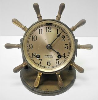 Old Brass CHELSEA SHIPS BELL Desk Clock with Key Wheel Design 3