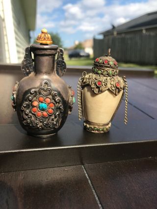 19th Century Chinese Snuff Bottles W/ Coral And Turquoise Stone Inlay