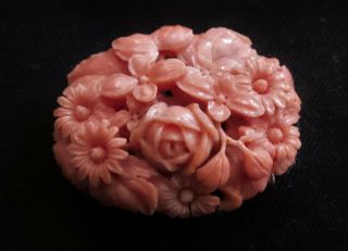 Antique Victorian Carved Natural Salmon Coral Flower Cluster Pin Brooch
