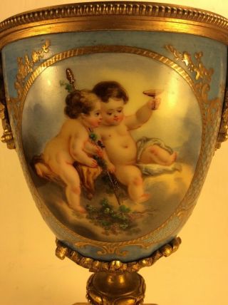 Fine Antique Sevres Porcelain Blue Celeste Hand - Painted Gilt Bronze Urn Vase.  8” 10