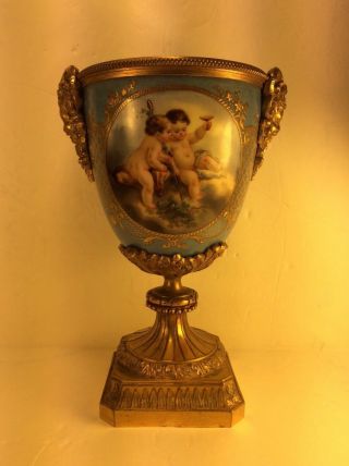 Fine Antique Sevres Porcelain Blue Celeste Hand - Painted Gilt Bronze Urn Vase.  8”