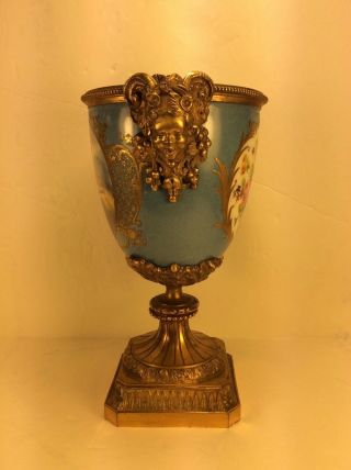 Fine Antique Sevres Porcelain Blue Celeste Hand - Painted Gilt Bronze Urn Vase.  8” 2