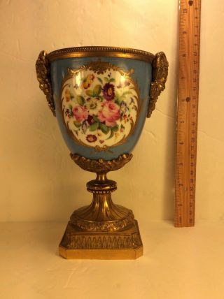 Fine Antique Sevres Porcelain Blue Celeste Hand - Painted Gilt Bronze Urn Vase.  8” 3