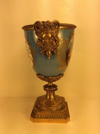 Fine Antique Sevres Porcelain Blue Celeste Hand - Painted Gilt Bronze Urn Vase.  8” 4