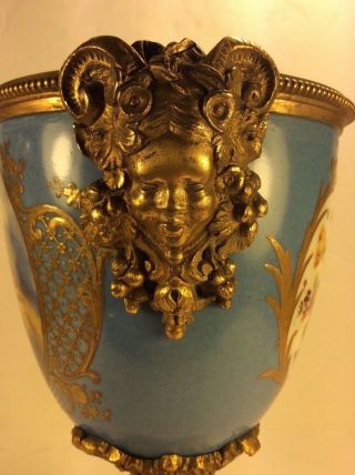 Fine Antique Sevres Porcelain Blue Celeste Hand - Painted Gilt Bronze Urn Vase.  8” 9