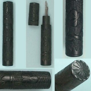 Scarce Antique Bog Oak Needle Case W/ Shamrocks Irish Circa 1890