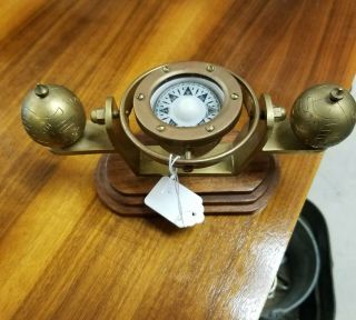 Vintage Nautical Brass /wood Desk Top Compass W/ Rotating Globes Decor Item