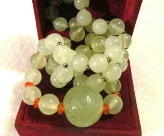 VINTAGE STERLING INTAGLIO SHOU Design Green White Icy Jade Jadeite Necklace 2